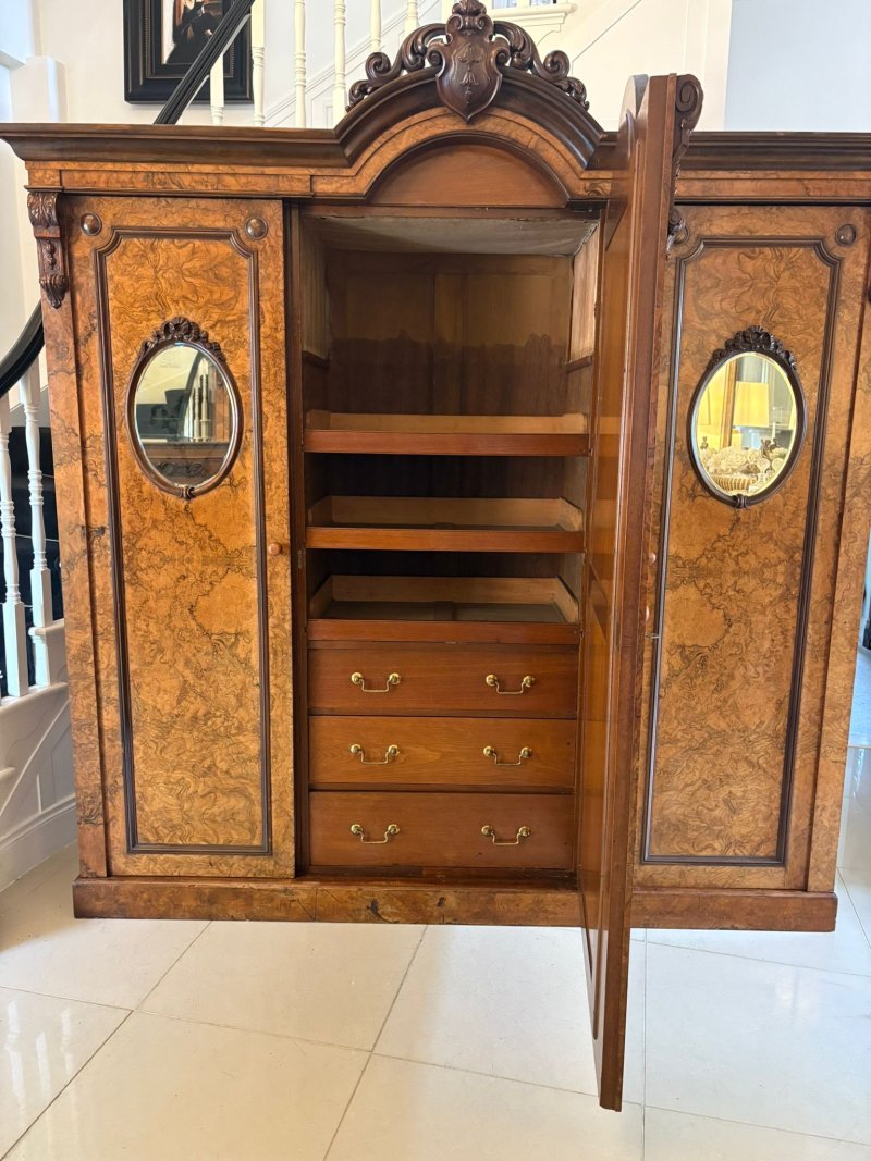 Outstanding Quality Large Antique Victorian Unusual Carved Burr Walnut 3 Door Wardrobe - Image 5